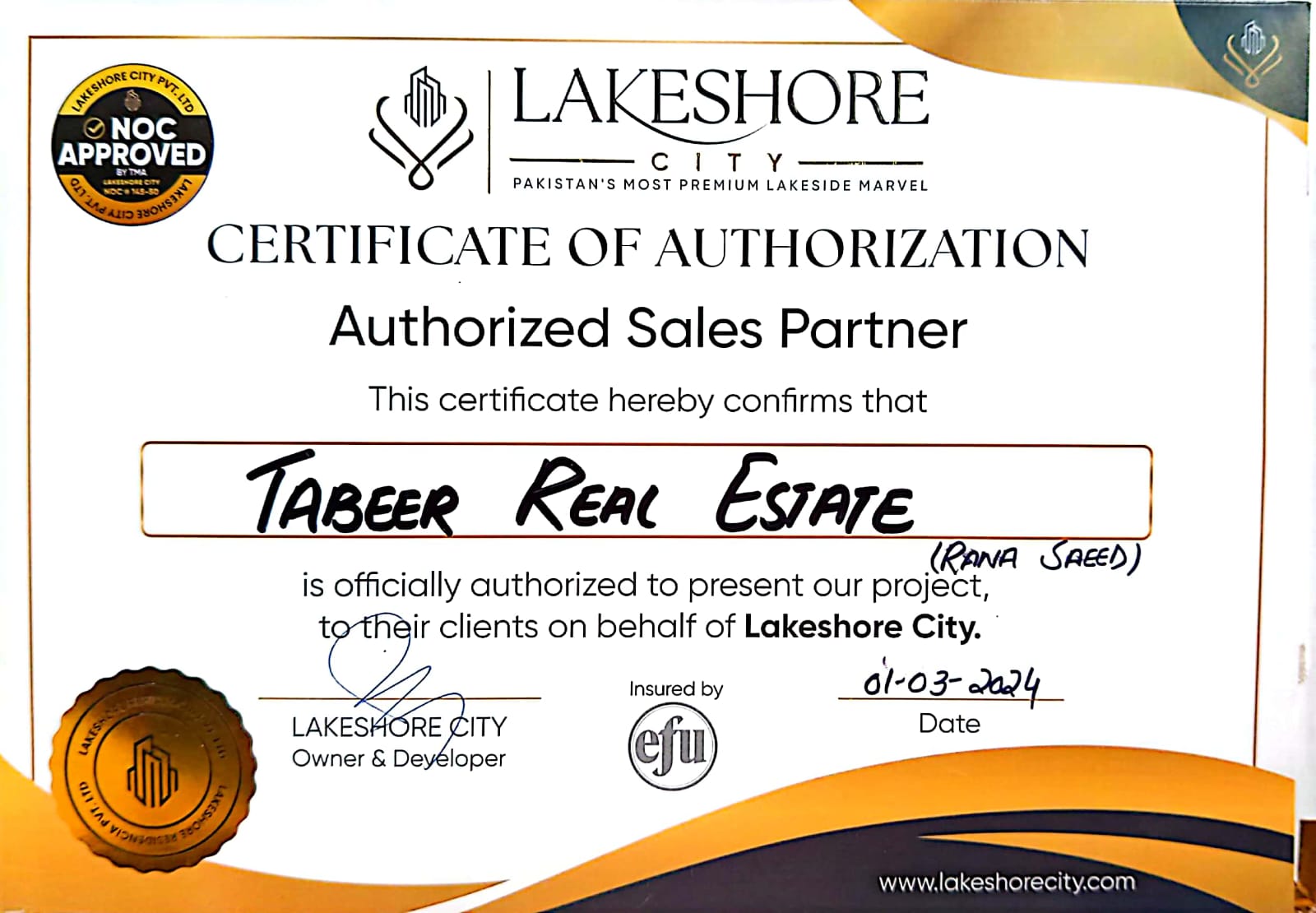 Lakeshore City Authorization Certificate